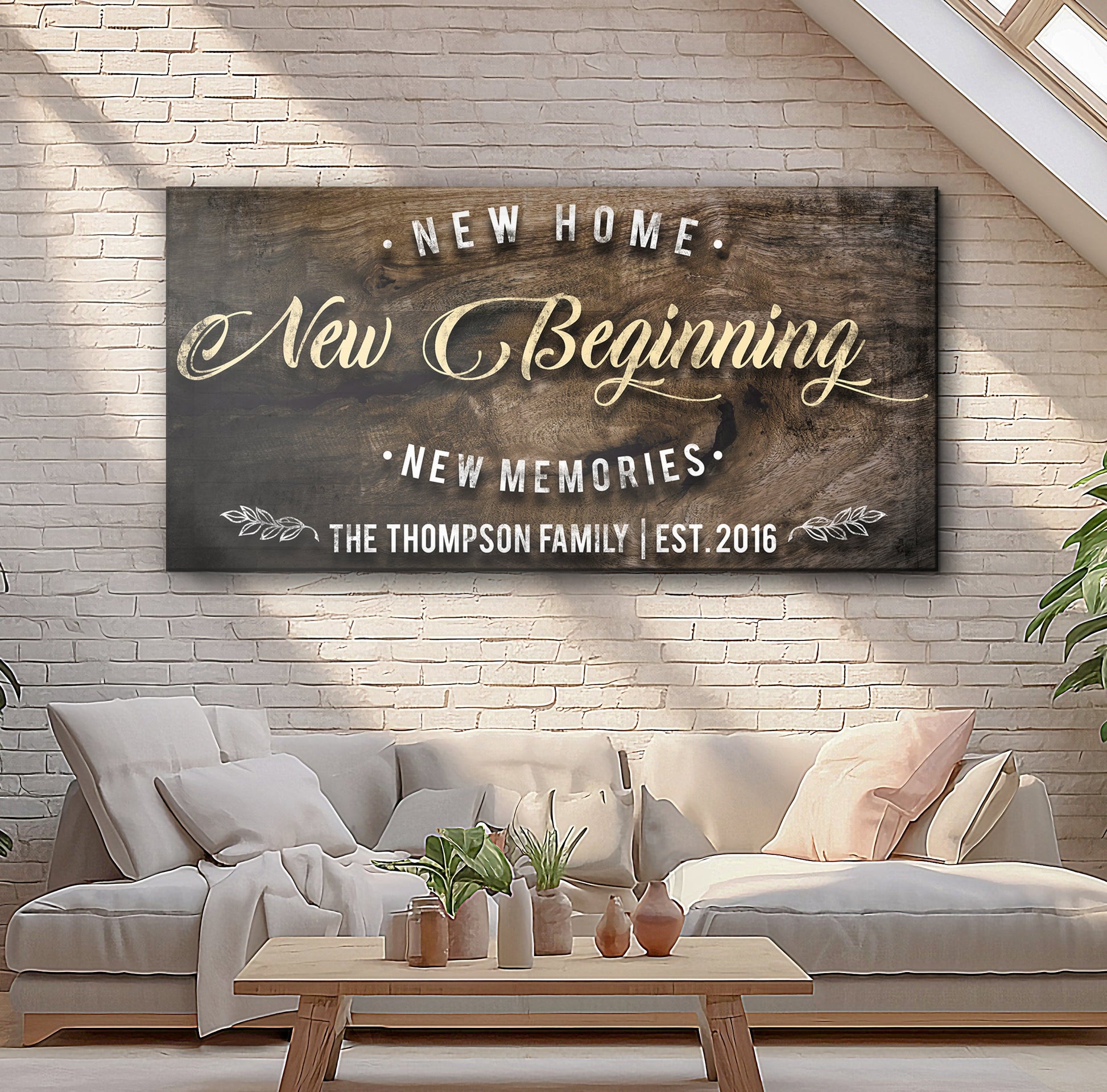 New Home Sign II canvas by Tailored Canvases, rustic wood plaque with white New Home on Tampa Home & Garden Store