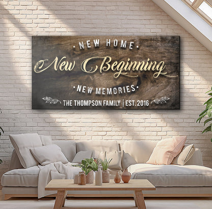 New Home Sign II canvas by Tailored Canvases, rustic wood plaque with white New Home on Tampa Home & Garden Store