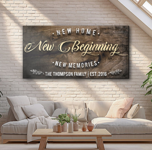 New Home Sign II canvas by Tailored Canvases, rustic wood plaque with white New Home on Tampa Home & Garden Store