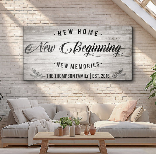New Home Sign canvas with rustic wood backdrop and elegant script text Tailored Canvases on Tampa Home & Garden Store