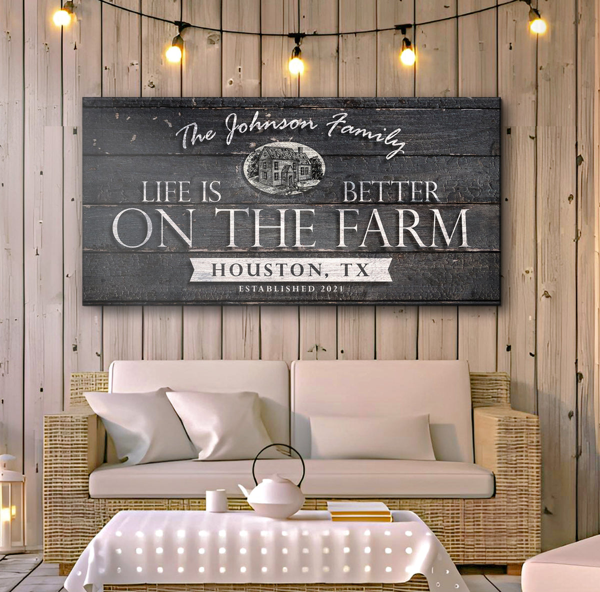 Life Is Better On The Farm Sign V canvas by Tailored Canvases wood backdrop with typography on Tampa Home & Garden Store