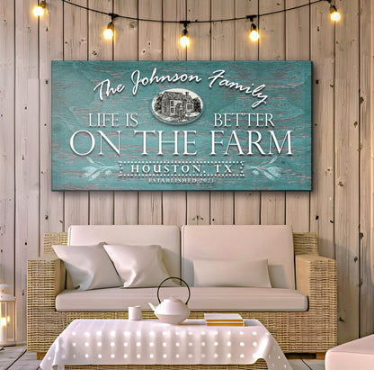 Life Is Better On The Farm Sign VI canvas in teal weathered wood with white script on Tampa Home & Garden Store