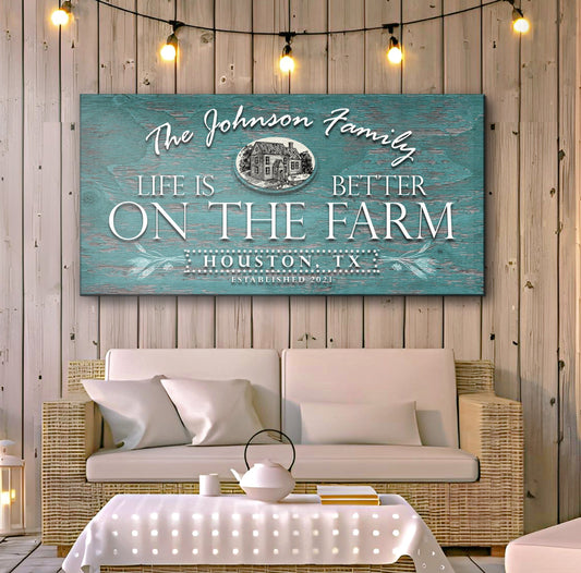 Life Is Better On The Farm Sign VI canvas in teal weathered wood with white script on Tampa Home & Garden Store