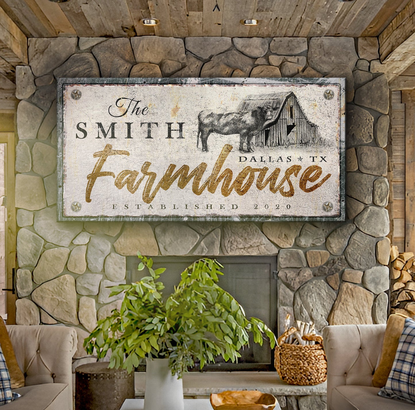 Rustic Farmhouse Sign V canvas by Tailored Canvases with vintage lettering on stone wall on Tampa Home & Garden Store