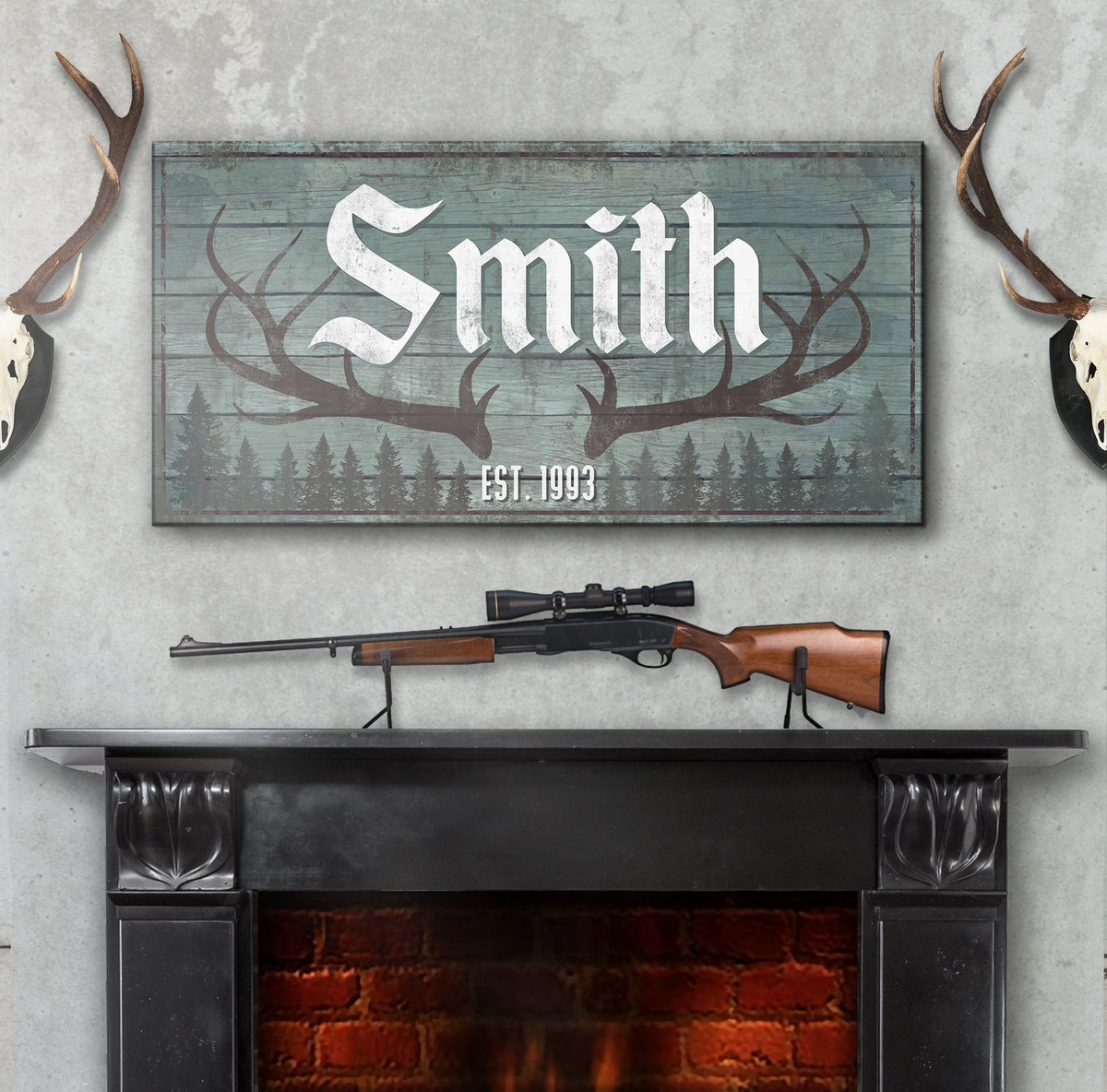 RUSTIC FAMILY ANTLER LP1 canvas by Tailored Canvases with teal wood and Smith lettering EST. 1993 on Tampa Home & Garden Store