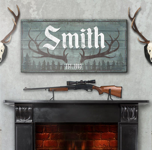 RUSTIC FAMILY ANTLER LP1 canvas by Tailored Canvases with teal wood and Smith lettering EST. 1993 on Tampa Home & Garden Store