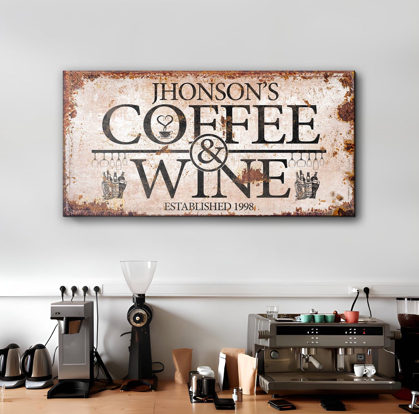 Coffee and Wine Sign II canvas by Tailored Canvases, rustic distressed look with coffee cup & wine bottle icons on Tampa Home & Garden Store