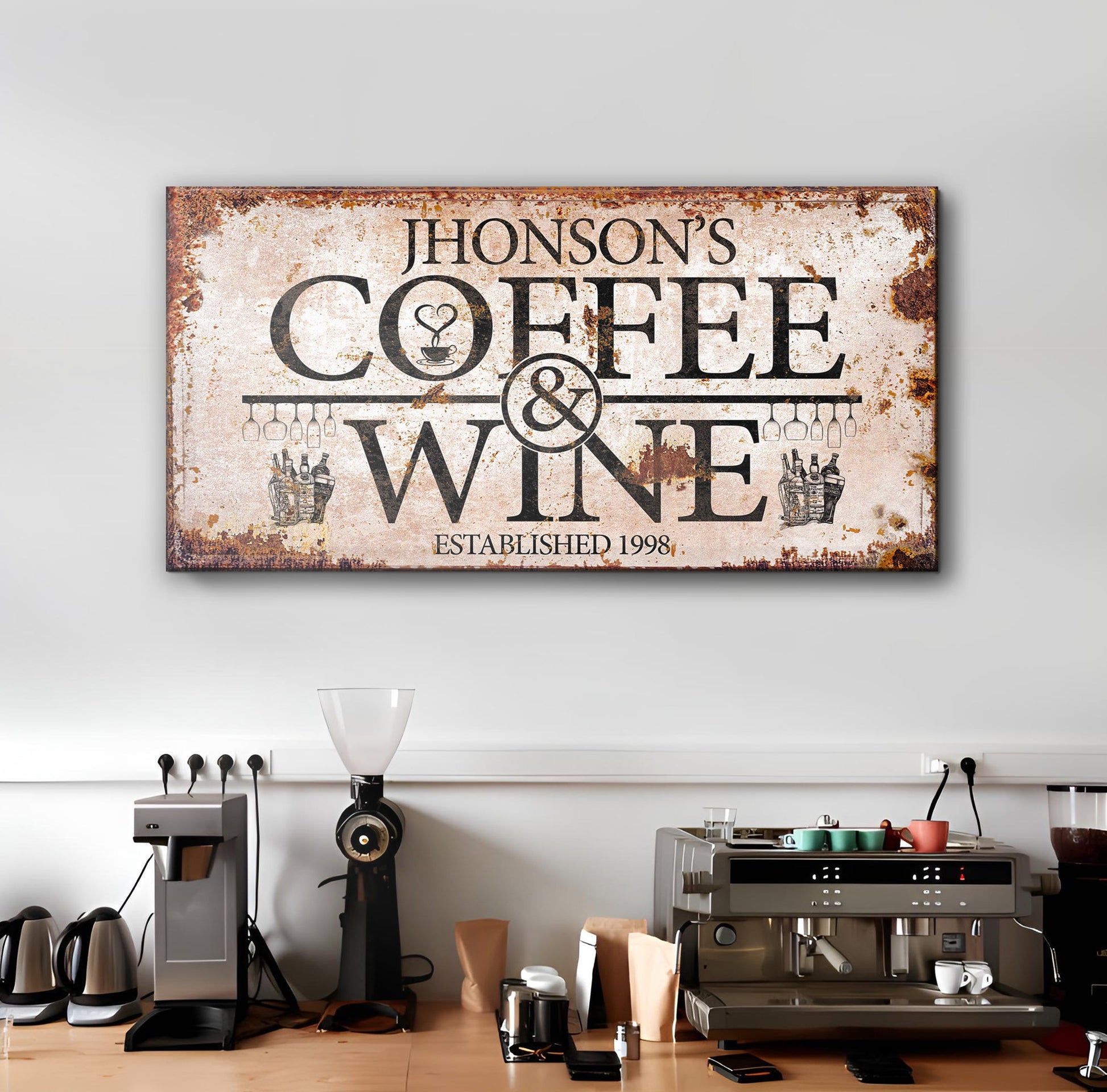 Coffee and Wine Sign II canvas by Tailored Canvases, rustic distressed look with coffee cup & wine bottle icons on Tampa Home & Garden Store