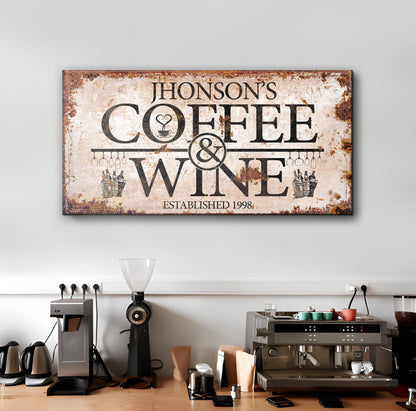 Coffee and Wine Sign II canvas by Tailored Canvases, rustic distressed look with coffee cup & wine bottle icons on Tampa Home & Garden Store