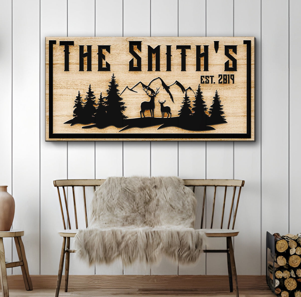 Family Mountain Sign III canvas wall art with rustic silhouette of mountains and deer EST 2019 on Tampa Home & Garden Store