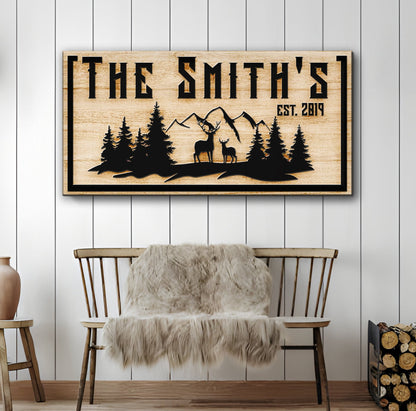 Family Mountain Sign III canvas wall art with rustic silhouette of mountains and deer EST 2019 on Tampa Home & Garden Store