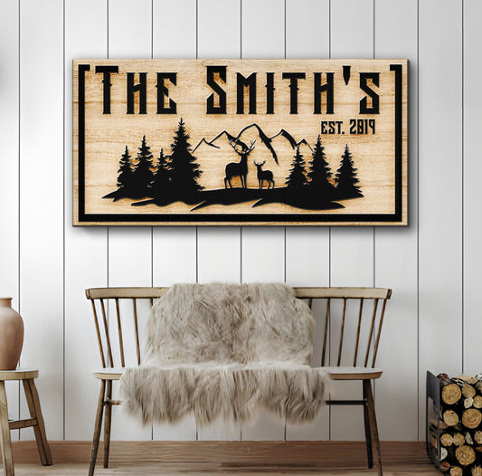 Family Mountain Sign III canvas wall art with rustic silhouette of mountains and deer EST 2019 on Tampa Home & Garden Store