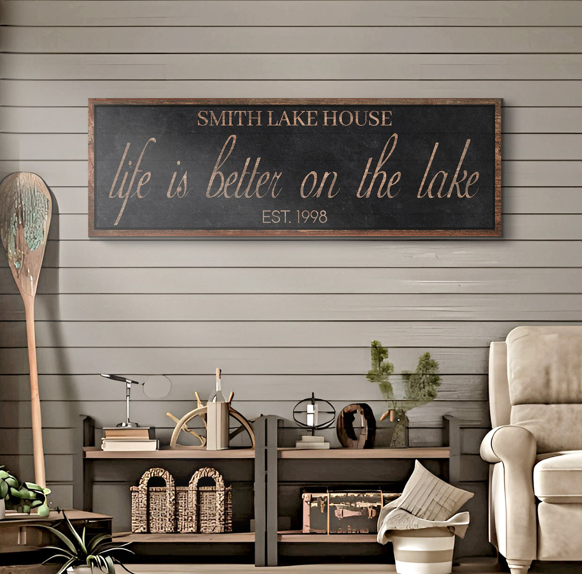 Life Is Better On The Lake Sign canvas by Tailored Canvases, chalkboard style copper frame on Tampa Home & Garden Store