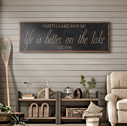Life Is Better On The Lake Sign canvas by Tailored Canvases, chalkboard style copper frame on Tampa Home & Garden Store