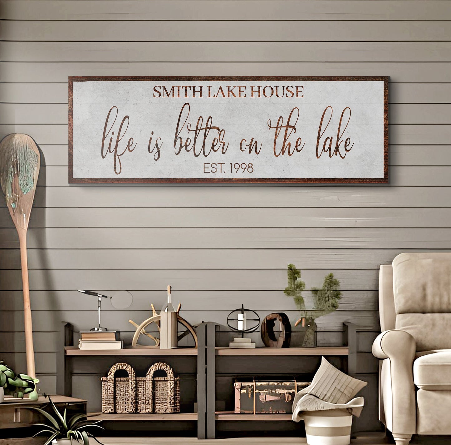 Canvas sign Life Is Better On The Lake Sign II by Tailored Canvases with rustic brown frame on Tampa Home & Garden Store
