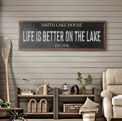 Life Is Better On The Lake Sign III canvas wall art copper framed by Tailored Canvases on Tampa Home & Garden Store