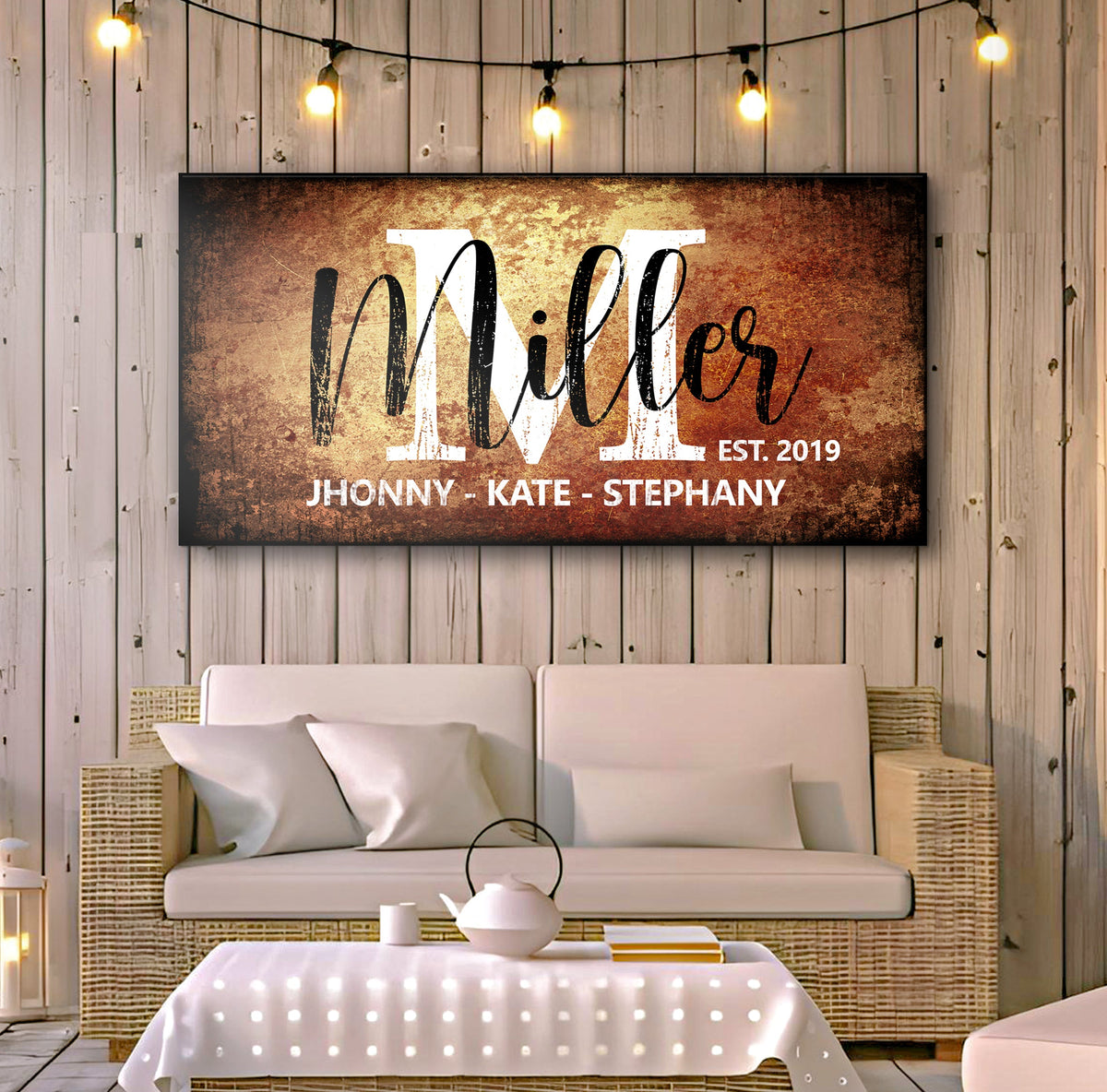 Tailored Canvases Family Sign XVII canvas with rustic brown background and white script EST 2019 on Tampa Home & Garden Store