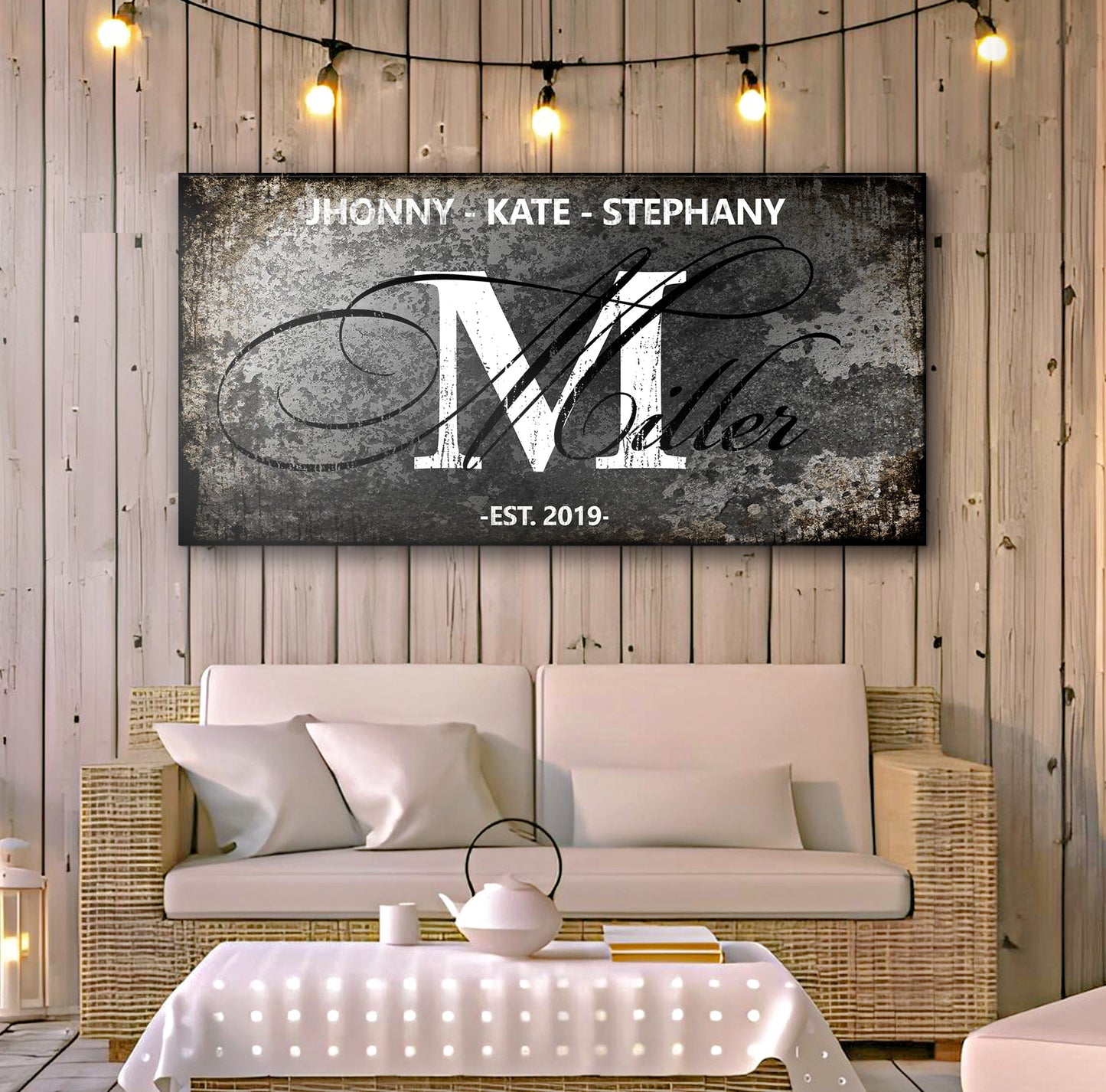 Family Sign XVIII canvas by Tailored Canvases; distressed gray background with white script on Tampa Home & Garden Store