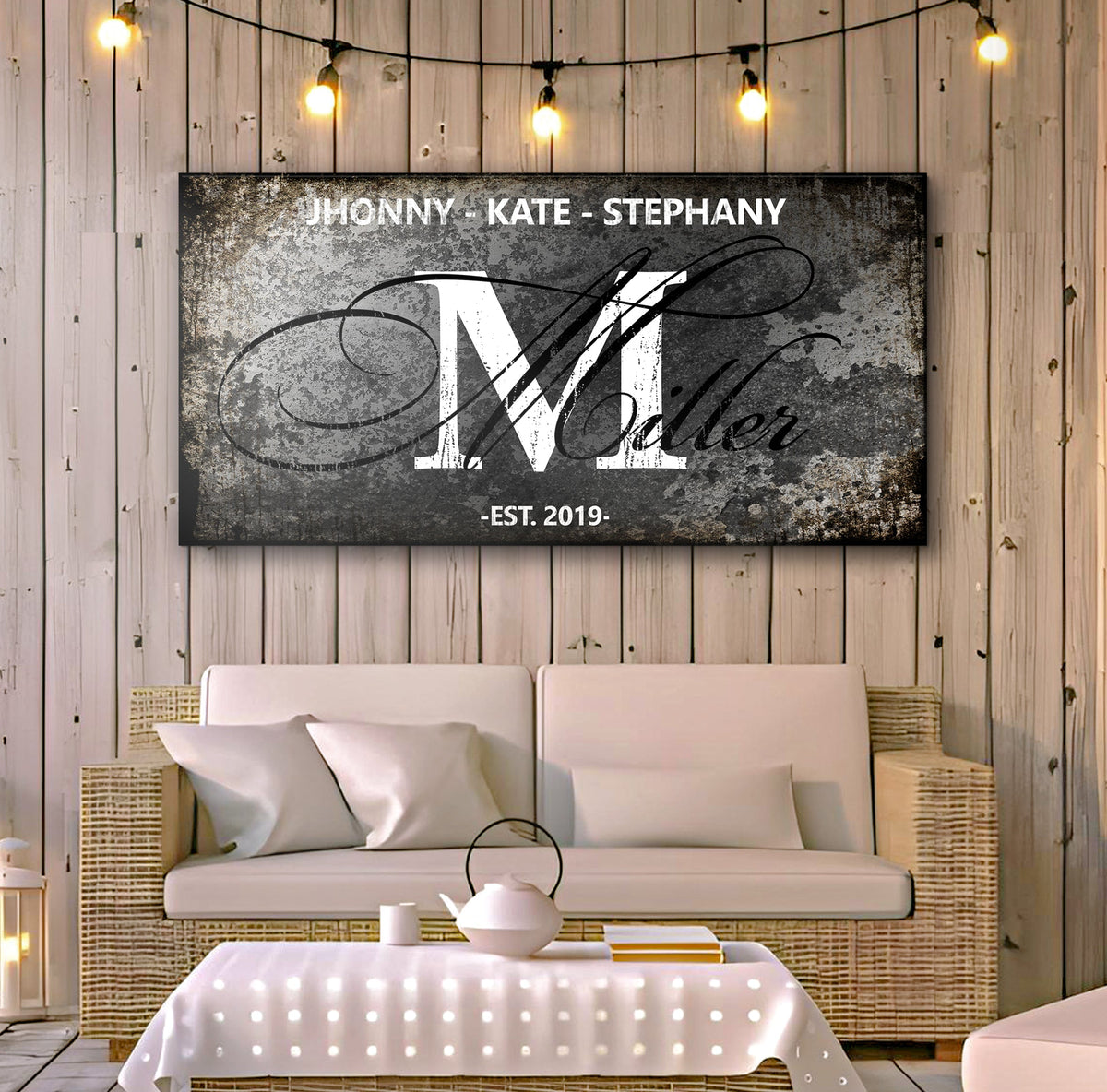Family Sign XVIII canvas by Tailored Canvases; distressed gray background with white script on Tampa Home & Garden Store