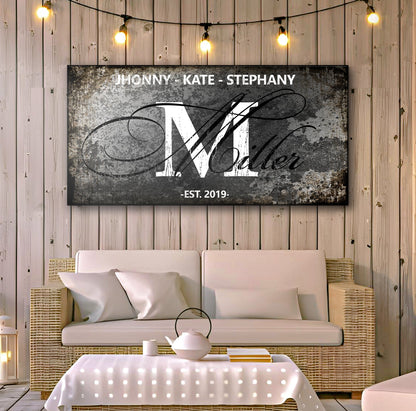 Family Sign XVIII canvas by Tailored Canvases; distressed gray background with white script on Tampa Home & Garden Store
