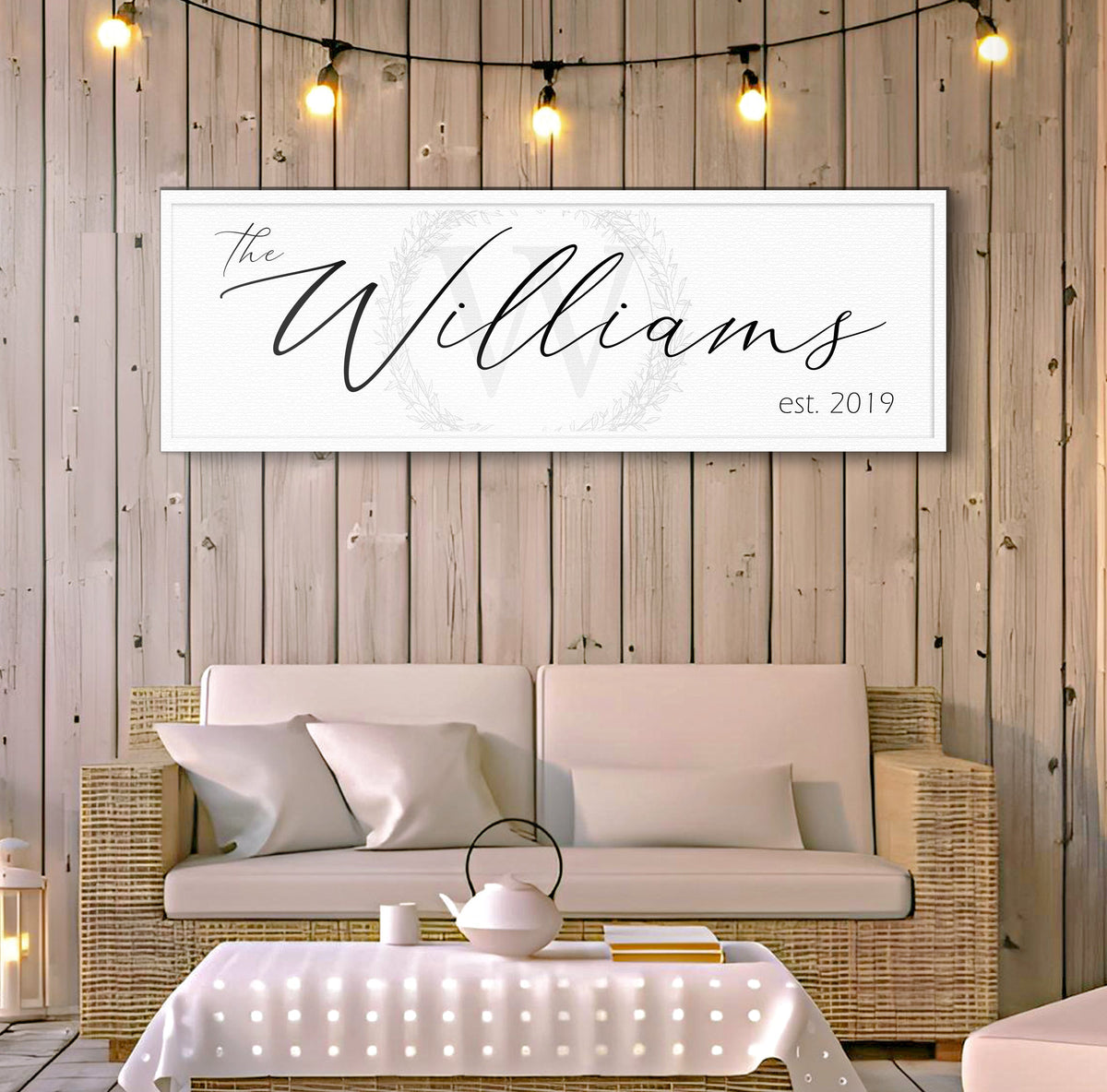 Family Sign XVI canvas by Tailored Canvases with The Williams script and laurel on white canvas on Tampa Home & Garden Store