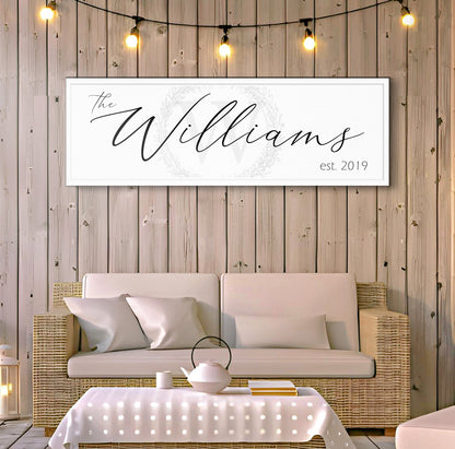 Family Sign XVI canvas by Tailored Canvases with The Williams script and laurel on white canvas on Tampa Home & Garden Store