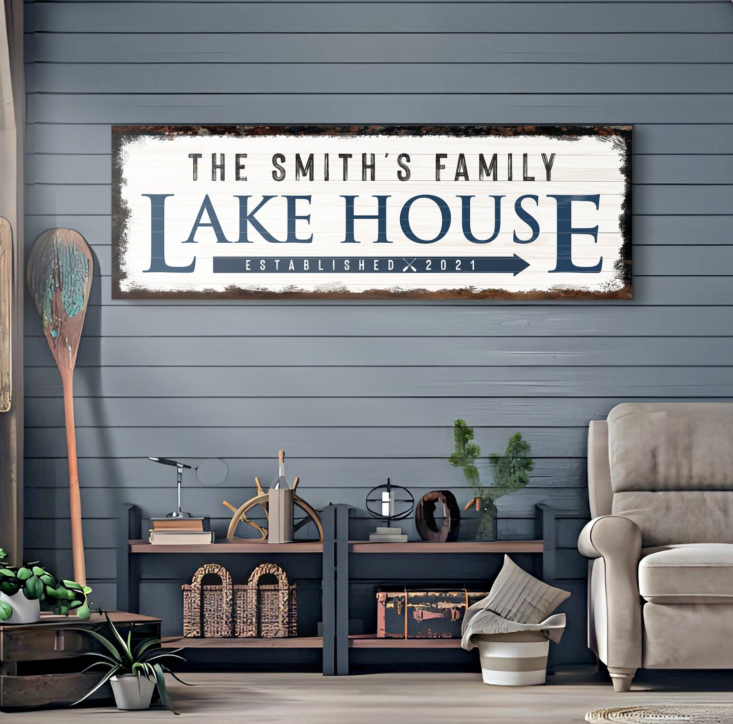 Canvas sign Family Lake House Arrow Sign by Tailored Canvases, rustic white with blue lettering on Tampa Home & Garden Store