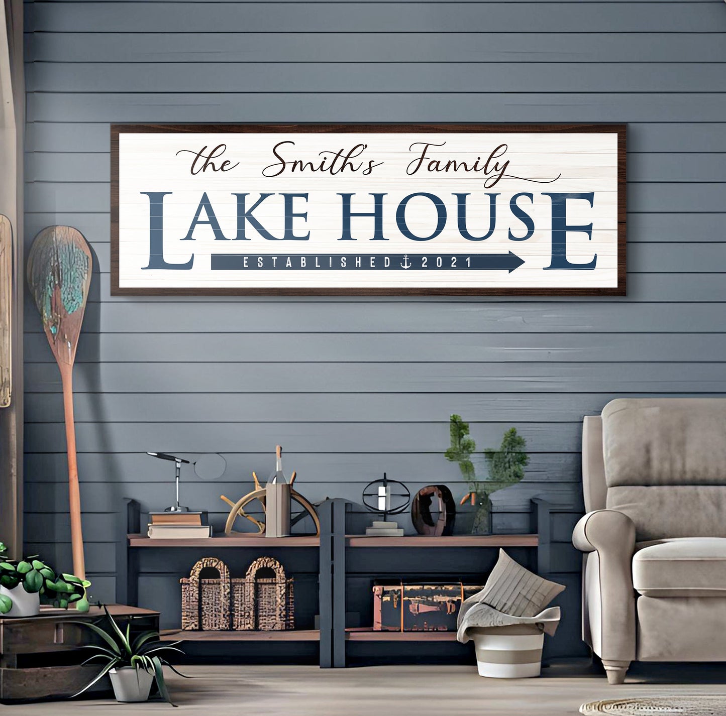 Family Lake House Arrow Sign III Tailored Canvases canvas with navy lettering and wood frame on Tampa Home & Garden Store
