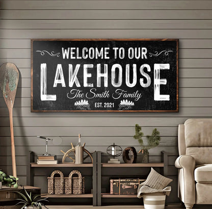 Welcome To Our Lakehouse Sign II canvas rustic wood frame chalkboard style by Tailored Canvases on Tampa Home & Garden Store