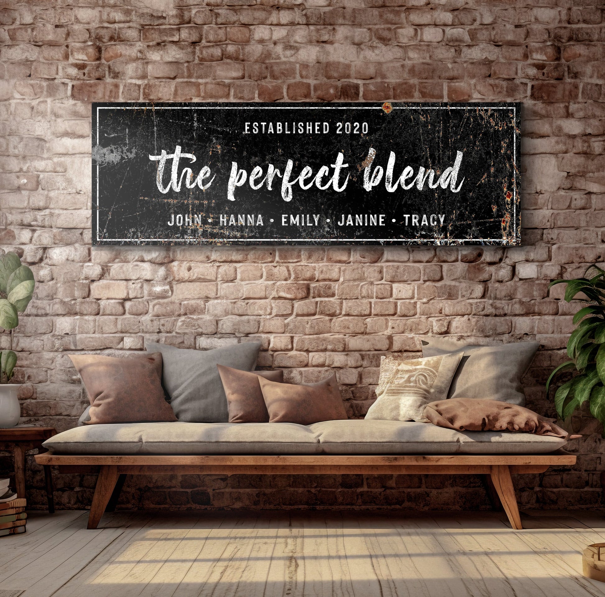 Tailored Canvases The Perfect Blend Sign III canvas with white script on brick wall on Tampa Home & Garden Store