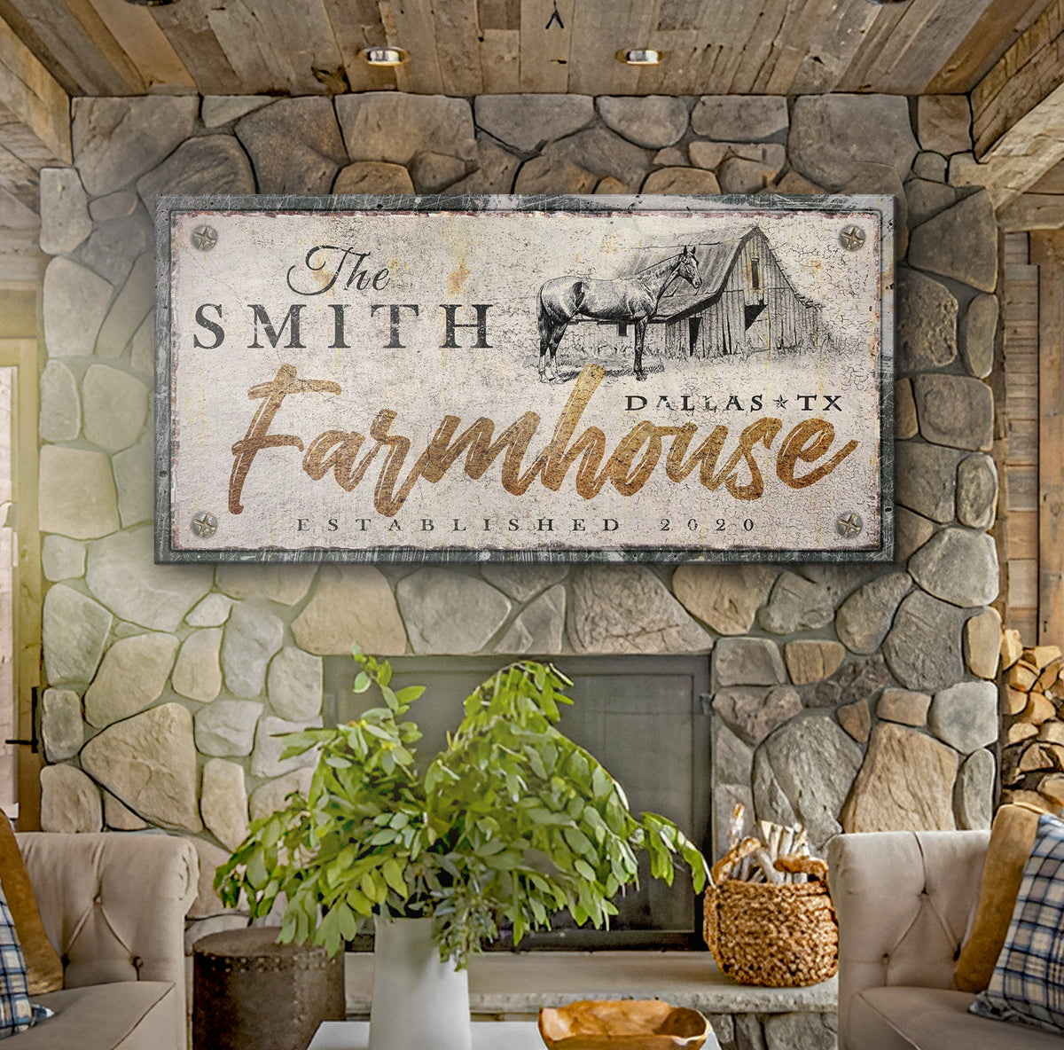 Rustic Horse Farmhouse Sign III canvas by Tailored Canvases; white with horse barn on stone on Tampa Home & Garden Store