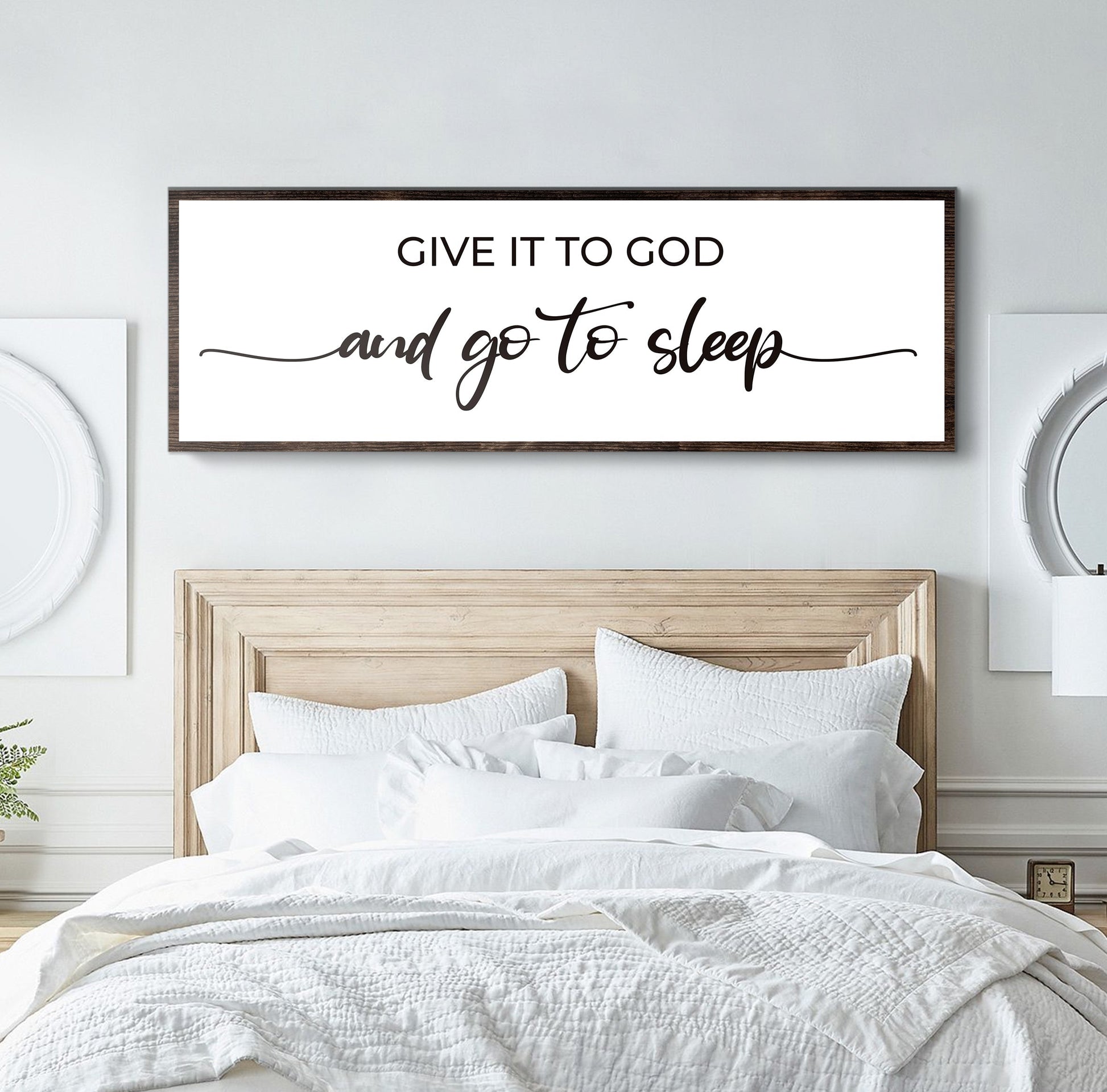 Canvas sign Give It To God And Go To Sleep Sign II framed in dark wood by Tailored Canvases canvas on Tampa Home & Garden Store