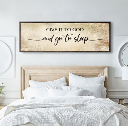 Canvas sign Give It To God And Go To Sleep IV with beige background and dark wood frame on Tampa Home & Garden Store