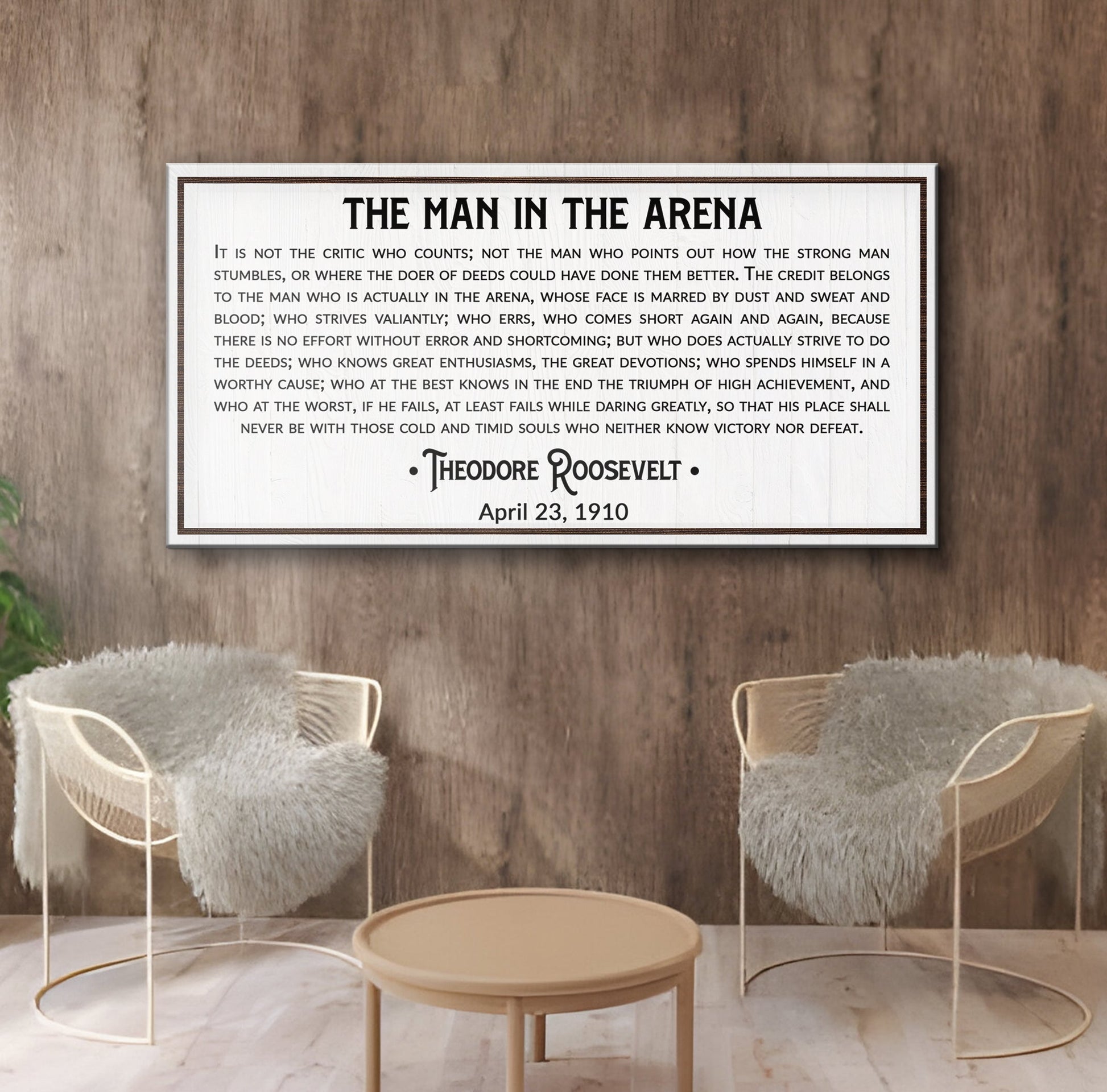 Canvas sign The Man In The Arena VIII on white wood framed canvas with dark border on Tampa Home & Garden Store