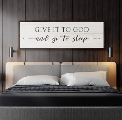 Give It To God And Go To Sleep Sign VII canvas with white panel and dark wood frame on Tampa Home & Garden Store