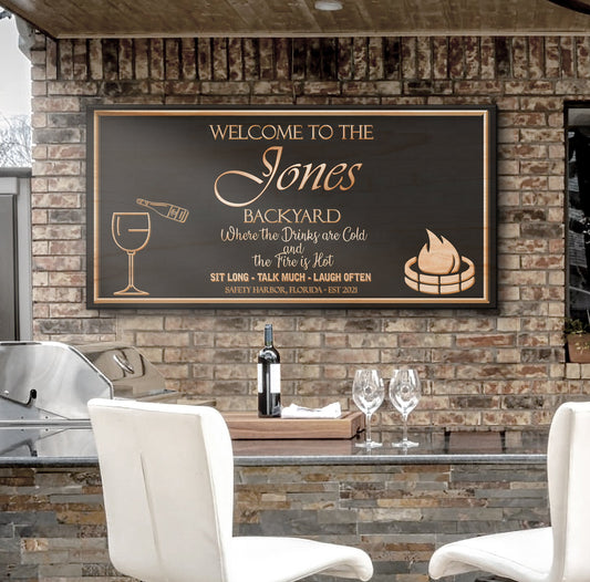 Backyard Sign canvas with copper-toned lettering on dark board, framed, mounted on brick wall on Tampa Home & Garden Store