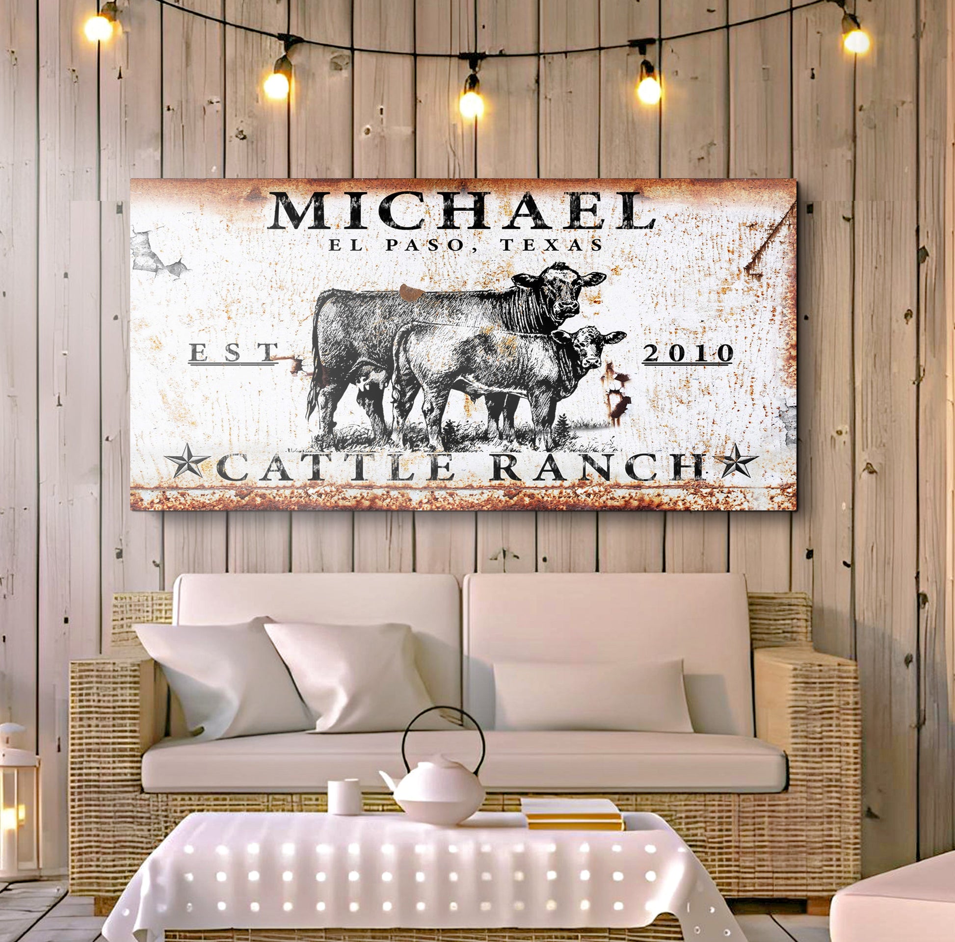 Cattle Ranch Sign II canvas art by Tailored Canvases, rustic rust tones with cow illustration on Tampa Home & Garden Store