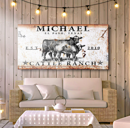 Cattle Ranch Sign II canvas art by Tailored Canvases, rustic rust tones with cow illustration on Tampa Home & Garden Store