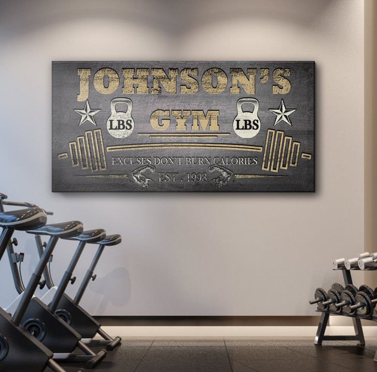 Gym Sign VIII canvas with gray background and Johnson's Gym lettering and weight icons on Tampa Home & Garden Store