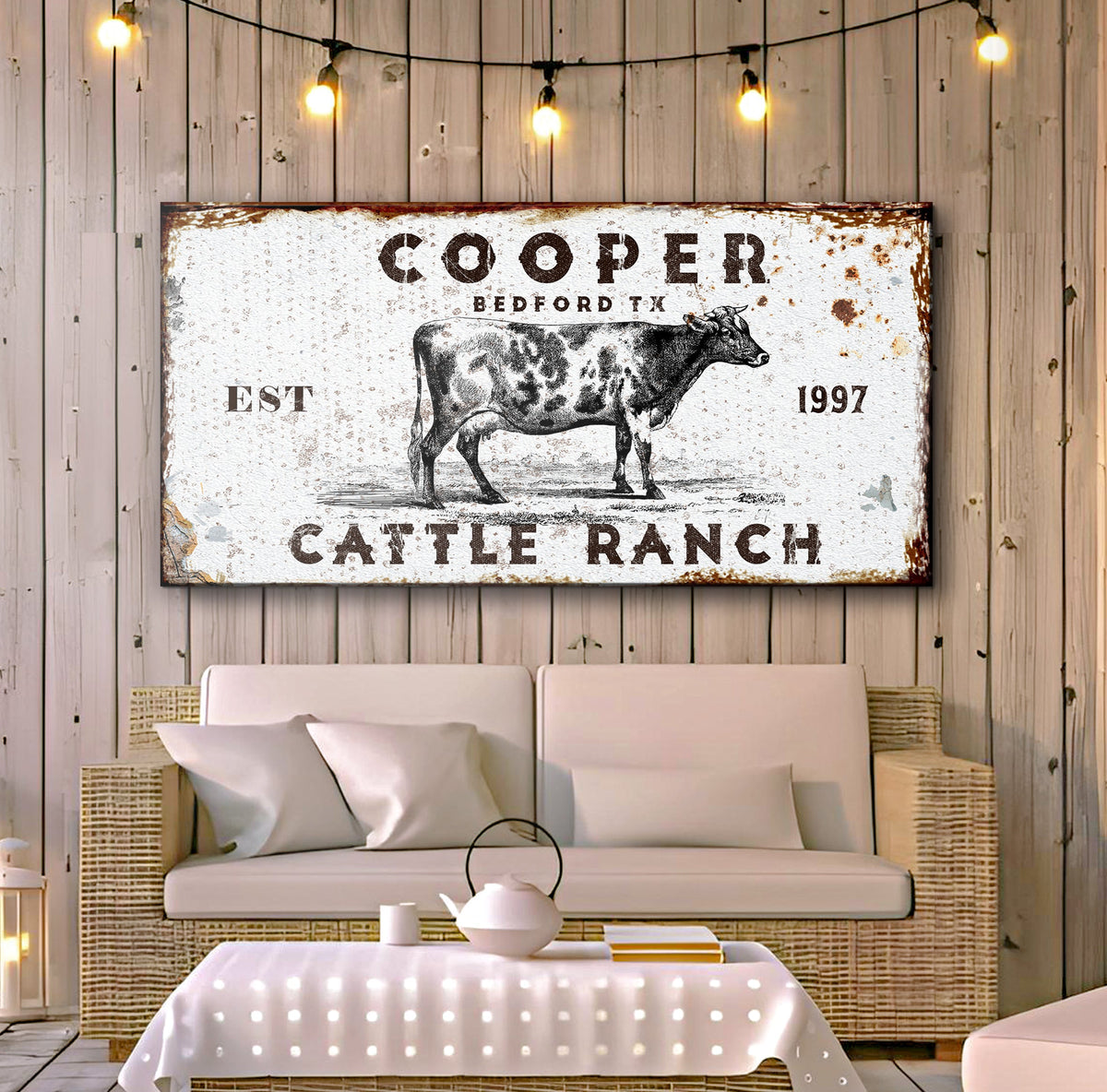 Canvas Cattle Ranch Rustic LP1 by Tailored Canvases with cow on weathered wood backdrop on Tampa Home & Garden Store