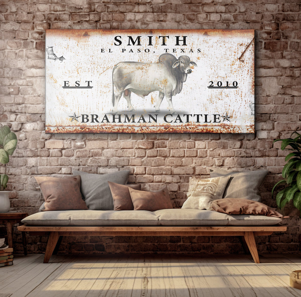 Brahman Cattle III canvas sign with rustic distressed finish by Tailored Canvases on Tampa Home & Garden Store