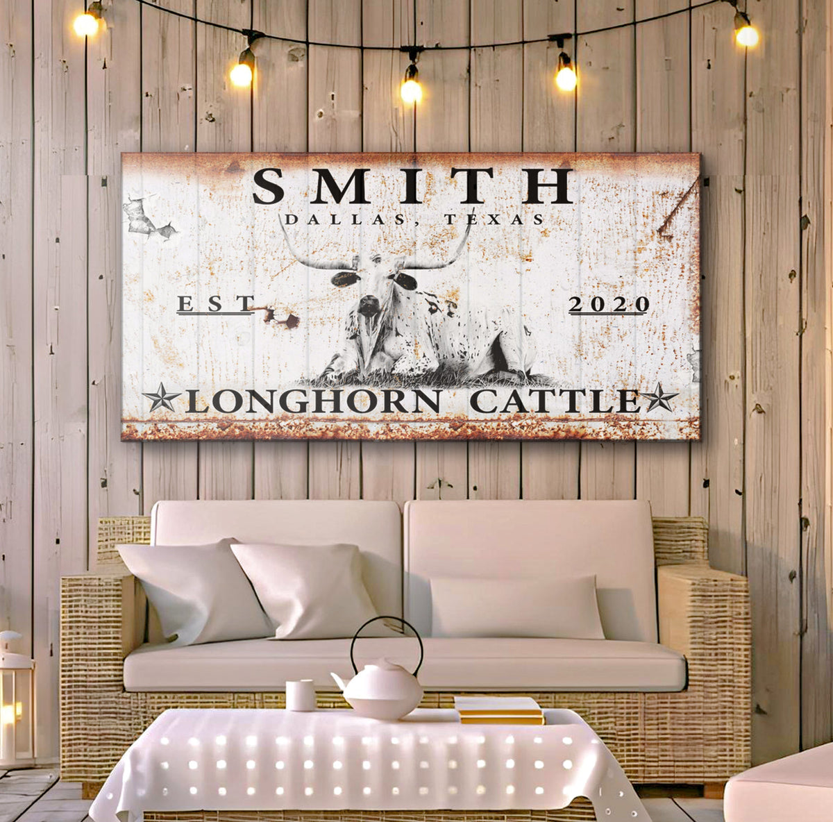 Longhorn cattle sign canvas with distressed rust edges and Dallas, Texas print on Tampa Home & Garden Store