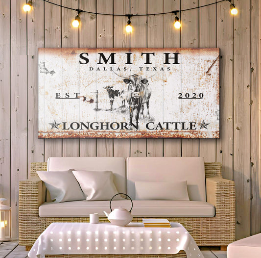 Longhorn Rustic Cattle Sign II canvas by Tailored Canvases with rusted vintage cattle art on Tampa Home & Garden Store