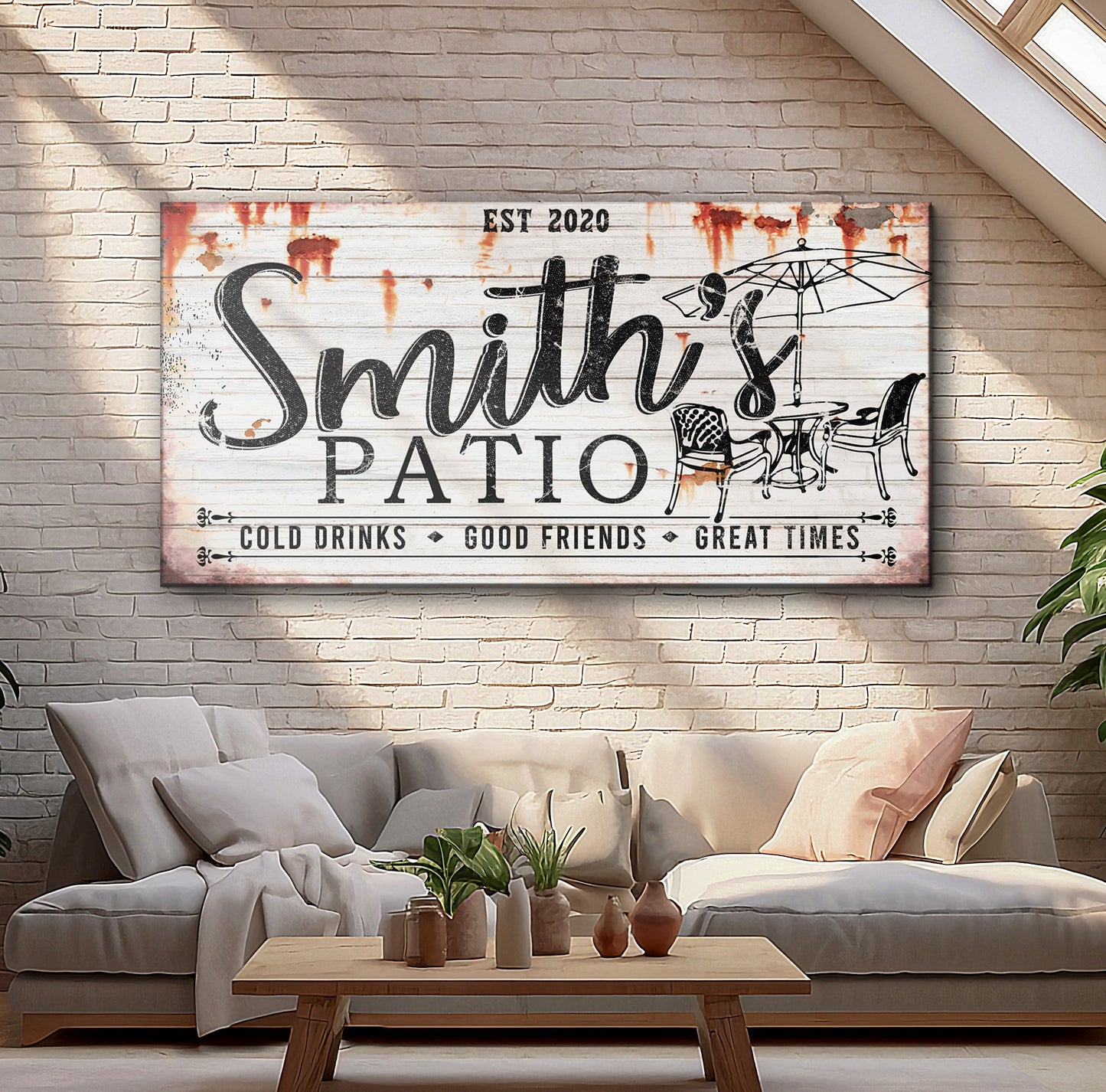 Family Patio Sign II canvas by Tailored Canvases with whitewashed wood and patio chairs on Tampa Home & Garden Store