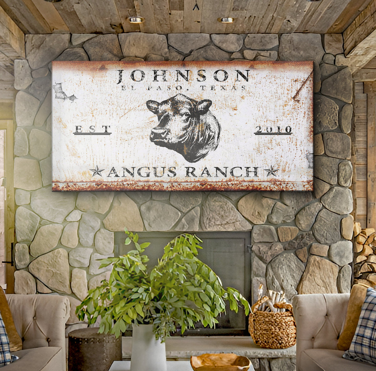 Angus Ranch Sign III canvas by Tailored Canvases, rustic white with rust edge cow illustration on Tampa Home & Garden Store