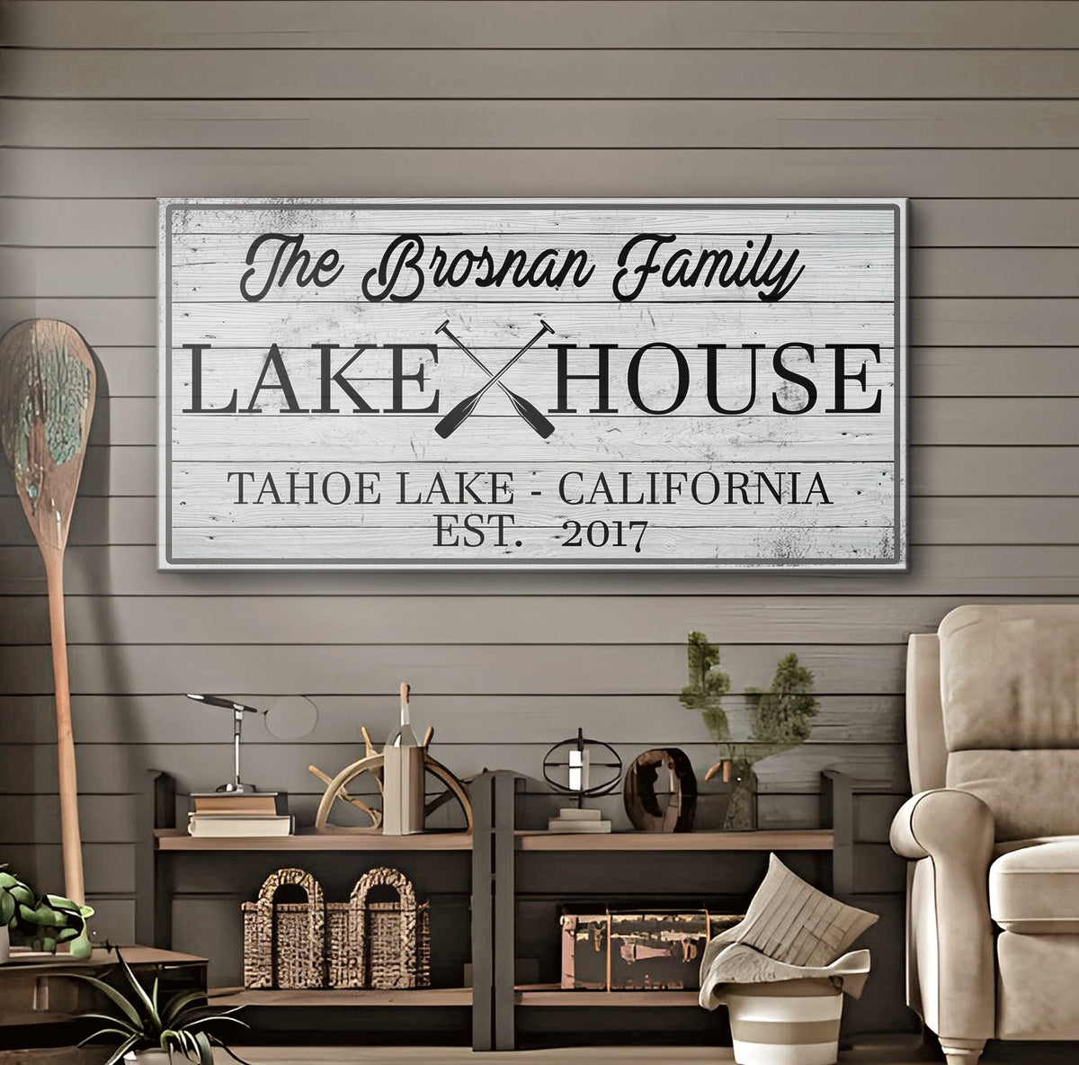 Family Lake House Paddle Sign canvas with whitewashed wood and crossed paddles Tailored Canvases on Tampa Home & Garden Store