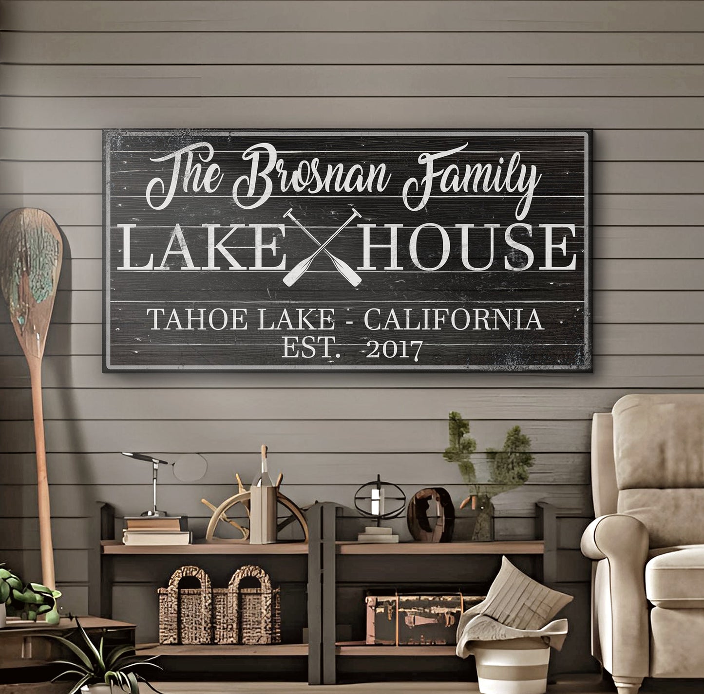 Family Lake House Paddle Sign II canvas Tailored Canvases with black plank and white script on Tampa Home & Garden Store