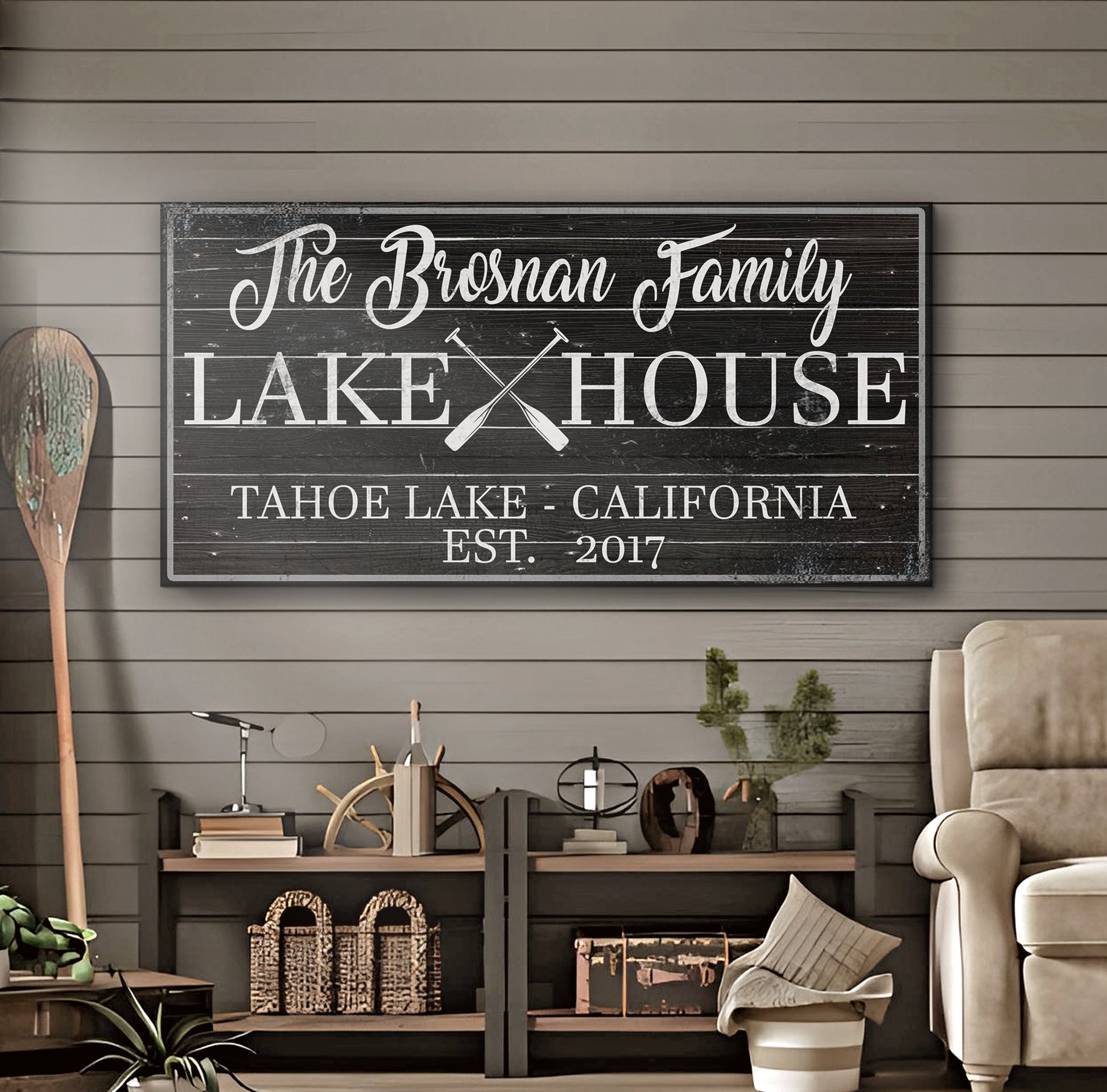 Family Lake House Paddle Sign II canvas Tailored Canvases with black plank and white script on Tampa Home & Garden Store