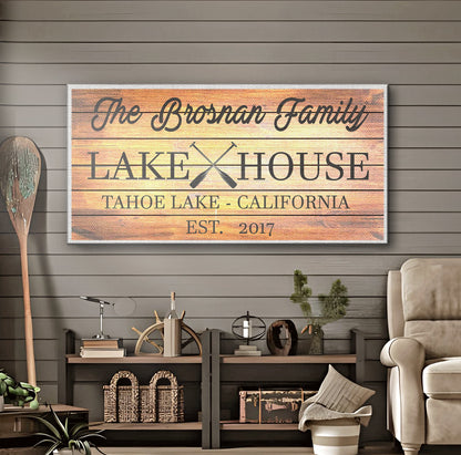 Family Lake House Paddle Sign III canvas with warm woodgrain backdrop Tailored Canvases on Tampa Home & Garden Store