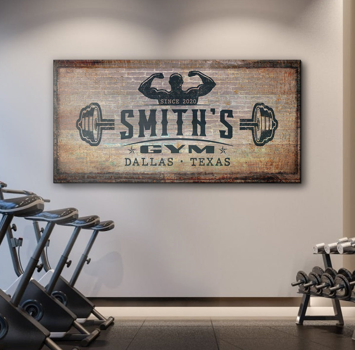 Gym Sign V canvas wall art with vintage wood backdrop and weight plates Tailored Canvases on Tampa Home & Garden Store